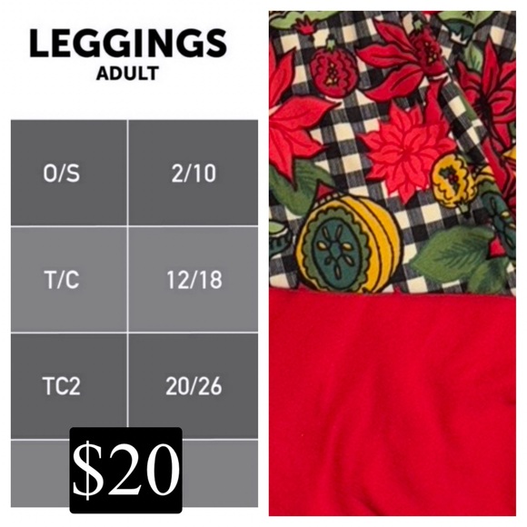 LulaRoe OS leggings solid red and winter holiday print - Picture 2 of 8
